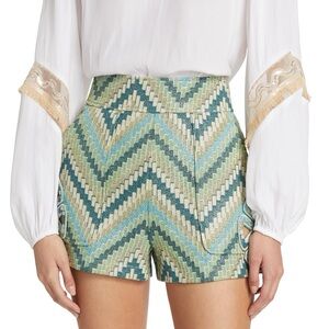 Ramy Brook Green and Cream Chevron High Waist Shorts